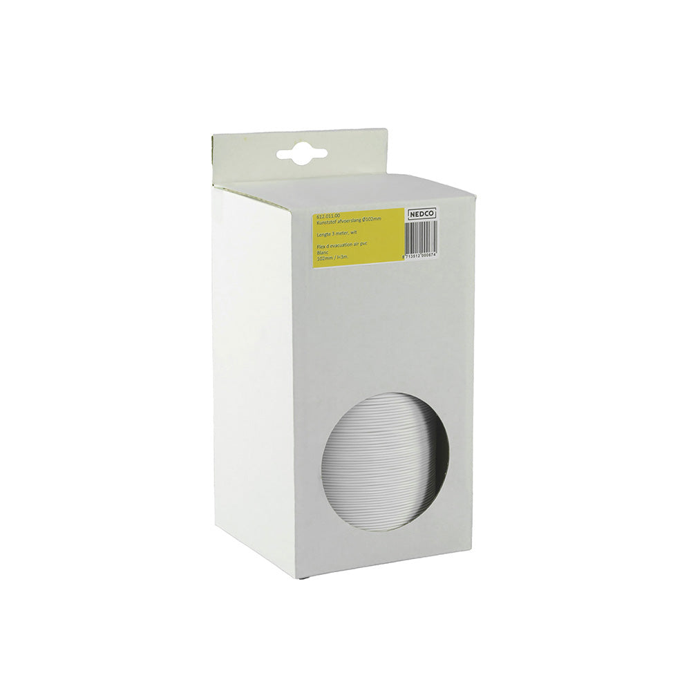 White Nedco dryer vent hose, 3 meters long with 102mm diameter, flexible plastic construction for efficient air exhaust.
