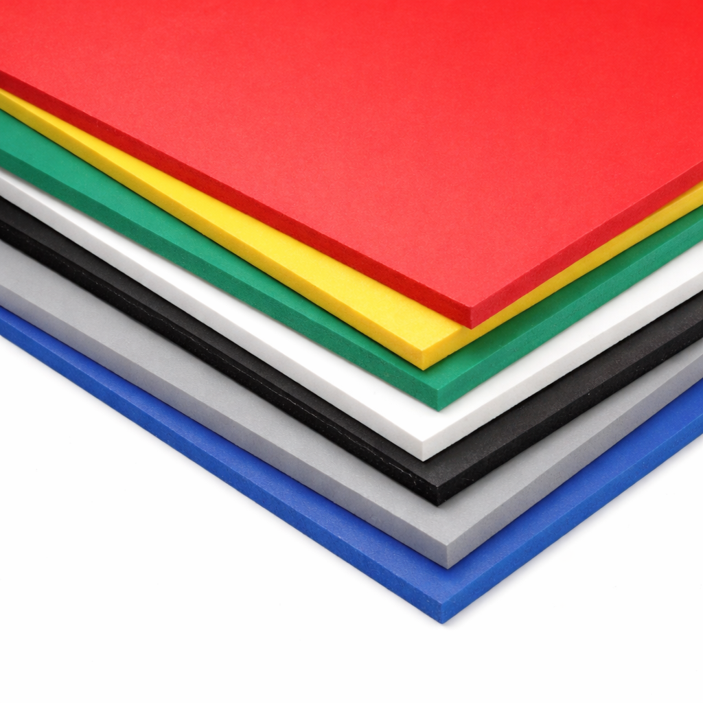 RuplaTec PVC schuimplaten sheets stacked with smooth surface texture and vibrant color for versatile applications.